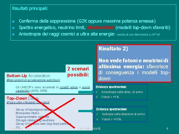 Risultati principali: n n n Conferma della soppressione (GZK oppure massima potenza emessa) Spettro