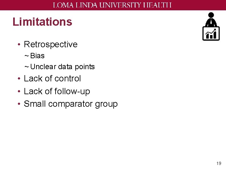 Limitations • Retrospective ~ Bias ~ Unclear data points • Lack of control •