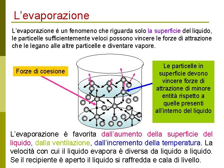 L’evaporazione è un fenomeno che riguarda solo la superficie del liquido, le particelle sufficientemente