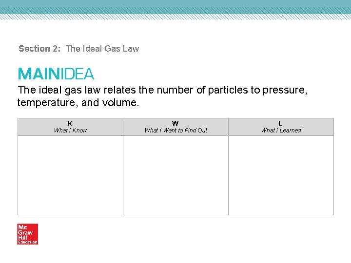 Section 2: The Ideal Gas Law The ideal gas law relates the number of