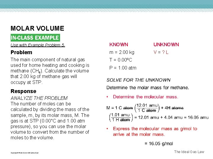 MOLAR VOLUME Use with Example Problem 5. KNOWN UNKNOWN Problem m = 2. 00