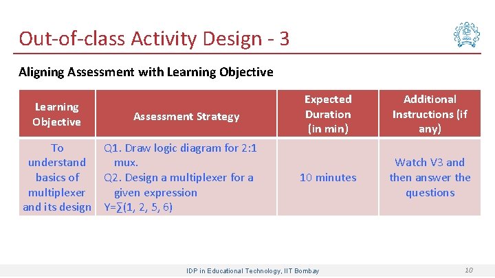 Out-of-class Activity Design - 3 Aligning Assessment with Learning Objective To understand basics of
