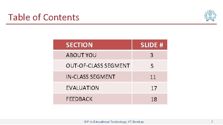 Table of Contents SECTION SLIDE # ABOUT YOU 3 OUT-OF-CLASS SEGMENT 5 IN-CLASS SEGMENT