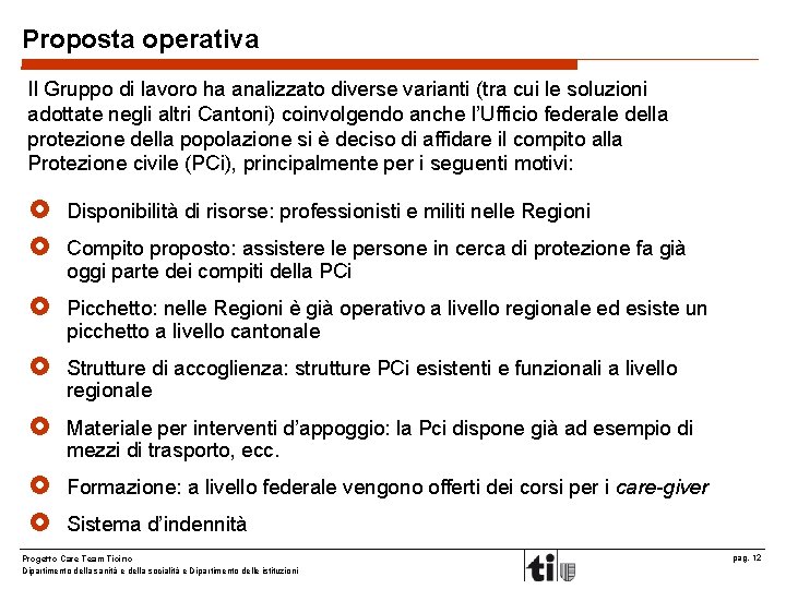 Proposta operativa Il Gruppo di lavoro ha analizzato diverse varianti (tra cui le soluzioni