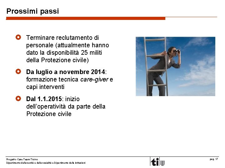Prossimi passi £ Terminare reclutamento di personale (attualmente hanno dato la disponibilità 25 militi