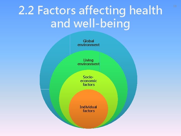 2. 2 Factors affecting health and well-being Global environment Living environment Socioeconomic factors Individual