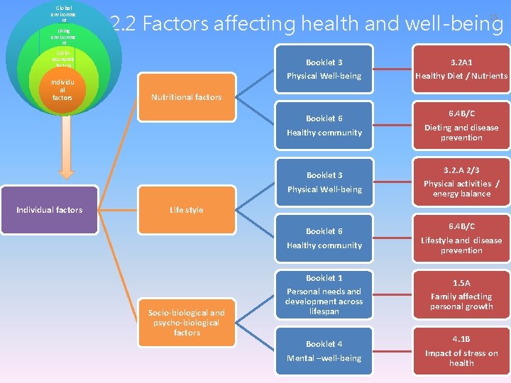 Global environme nt Living environme nt 2. 2 Factors affecting health and well-being 15