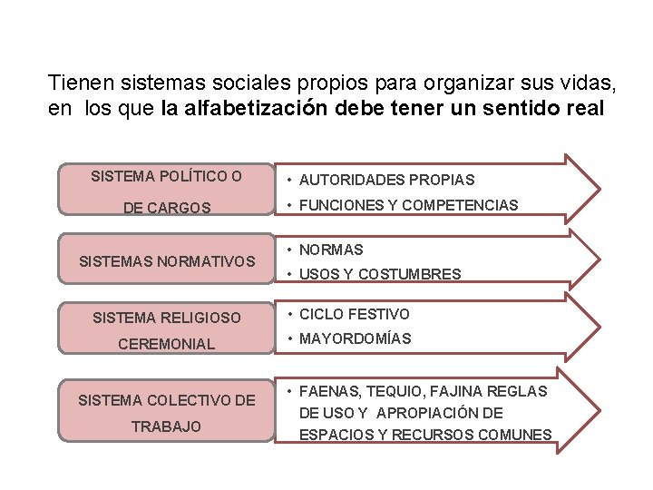 Tienen sistemas sociales propios para organizar sus vidas, en los que la alfabetización debe