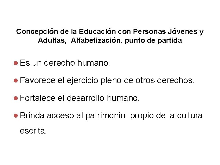 Concepción de la Educación con Personas Jóvenes y Adultas, Alfabetización, punto de partida l