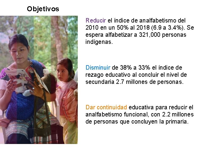 Objetivos Reducir el índice de analfabetismo del 2010 en un 50% al 2018 (6.