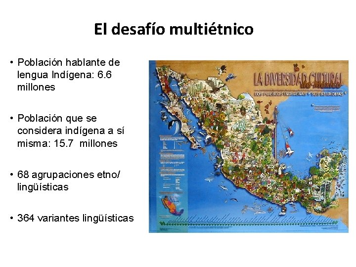 El desafío multiétnico • Población hablante de lengua Indígena: 6. 6 millones • Población