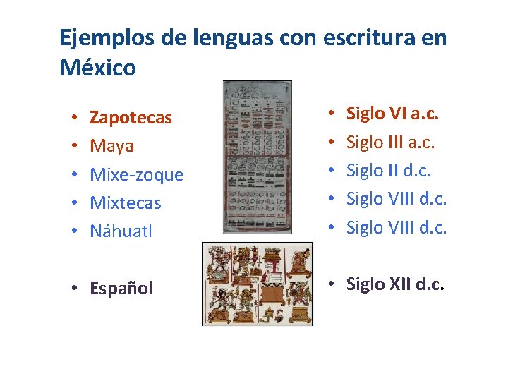 Ejemplos de lenguas con escritura en México • • • Zapotecas Maya Mixe-zoque Mixtecas