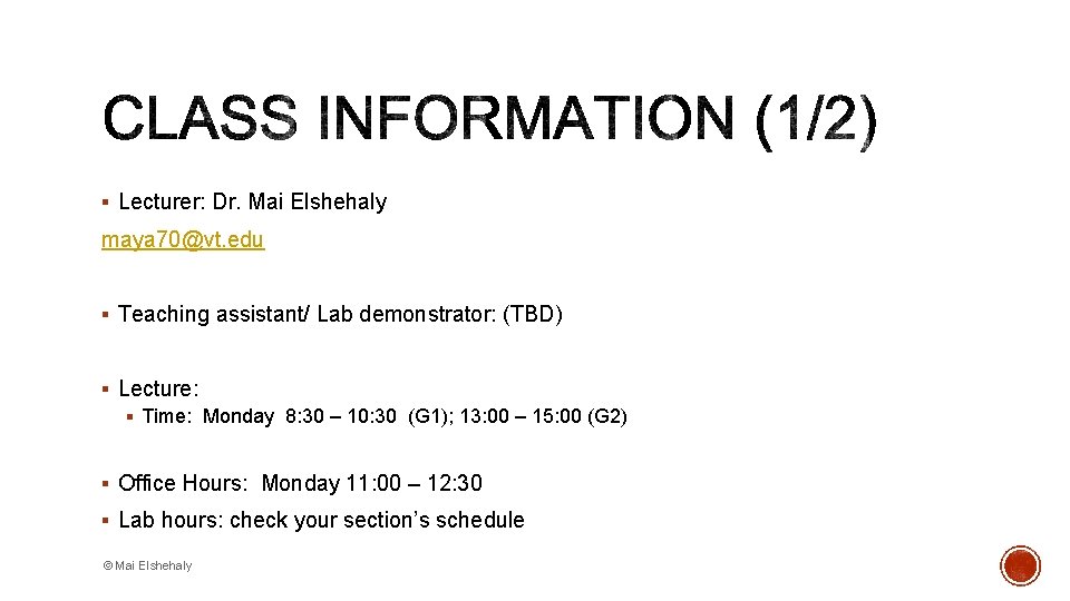 § Lecturer: Dr. Mai Elshehaly maya 70@vt. edu § Teaching assistant/ Lab demonstrator: (TBD)