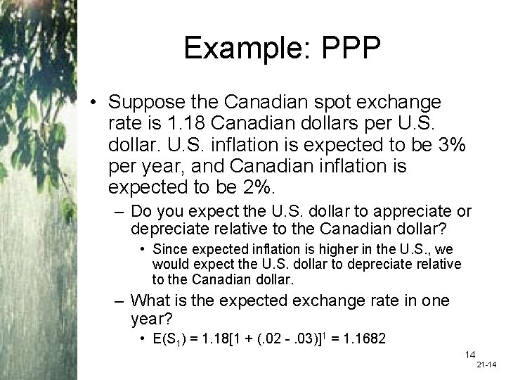 Example: PPP • Suppose the Canadian spot exchange rate is 1. 18 Canadian dollars