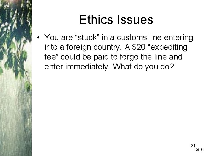 Ethics Issues • You are “stuck” in a customs line entering into a foreign