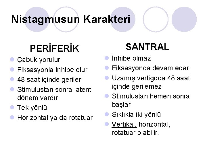 Nistagmusun Karakteri PERİFERİK l l Çabuk yorulur Fiksasyonla inhibe olur 48 saat içinde geriler