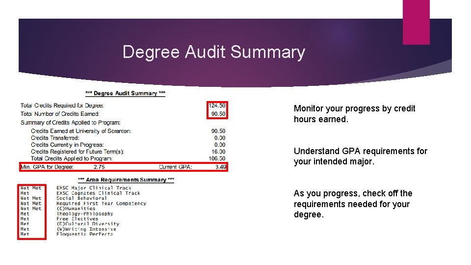 Degree Audit Summary Monitor your progress by credit hours earned. Understand GPA requirements for Degree Audit Summary Monitor your progress by credit hours earned. Understand GPA requirements for