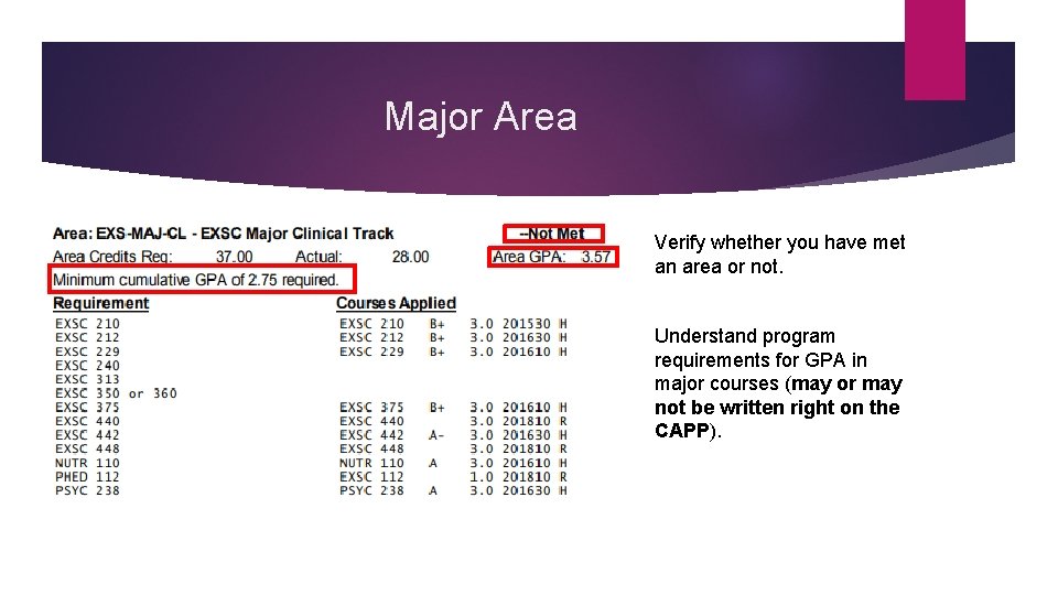 Major Area Verify whether you have met an area or not. Understand program requirements Major Area Verify whether you have met an area or not. Understand program requirements