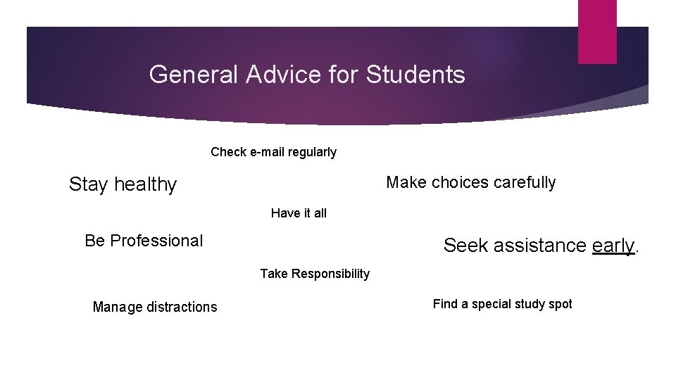 General Advice for Students Check e-mail regularly Stay healthy Make choices carefully Have it General Advice for Students Check e-mail regularly Stay healthy Make choices carefully Have it