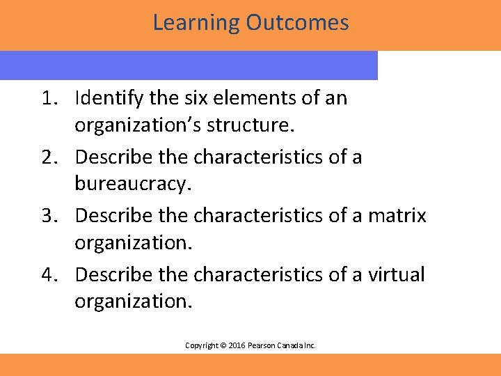 Learning Outcomes 1. Identify the six elements of an organization’s structure. 2. Describe the