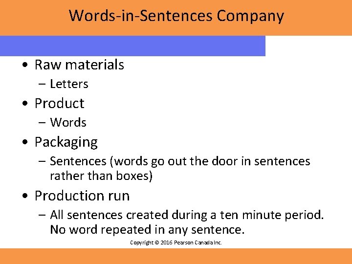 Words-in-Sentences Company • Raw materials – Letters • Product – Words • Packaging –