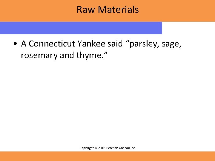 Raw Materials • A Connecticut Yankee said “parsley, sage, rosemary and thyme. ” Copyright