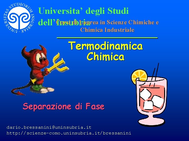 Universita’ degli Studi Corsi di Laurea in Scienze Chimiche e dell’Insubria Chimica Industriale Termodinamica