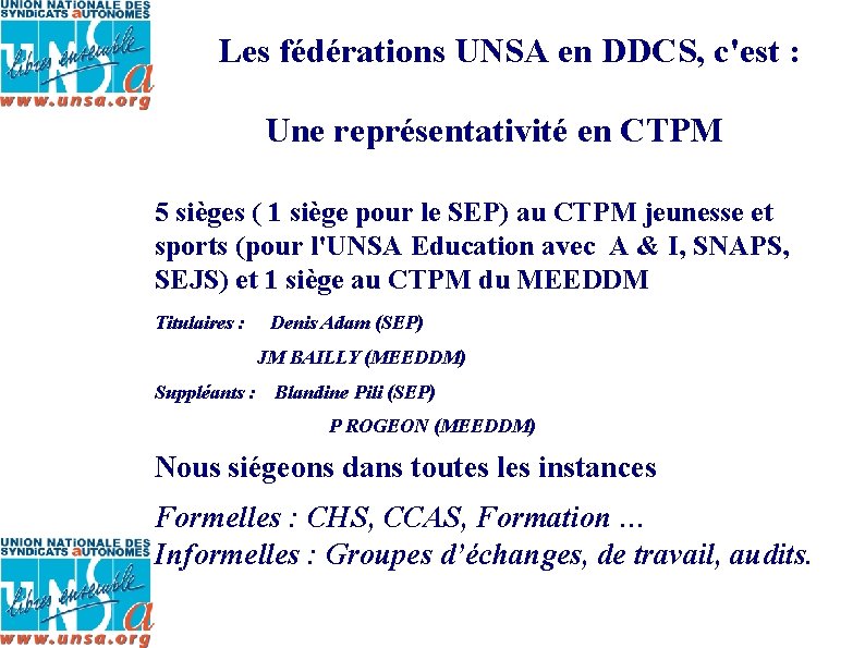 Les fédérations UNSA en DDCS, c'est : Une représentativité en CTPM 5 sièges (