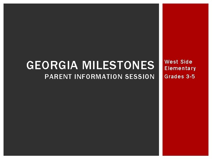 GEORGIA MILESTONES PARENT INFORMATION SESSION West Side Elementary Grades 3 -5 