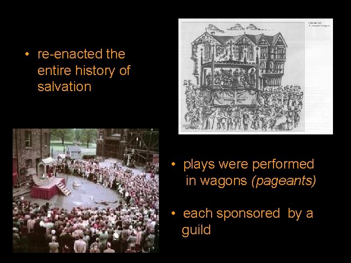  • re-enacted the entire history of salvation • plays were performed in wagons