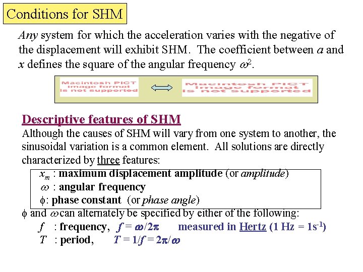 Conditions for SHM Any system for which the acceleration varies with the negative of
