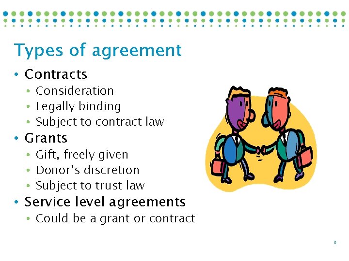 Types of agreement • Contracts • Consideration • Legally binding • Subject to contract