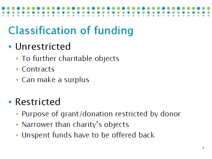 Classification of funding • Unrestricted • To further charitable objects • Contracts • Can