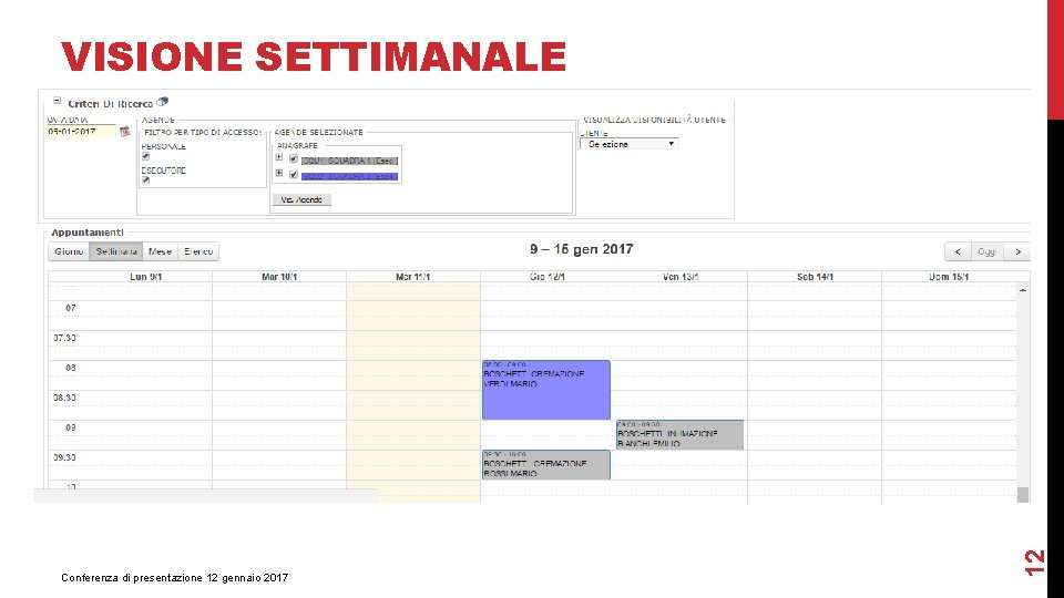 Conferenza di presentazione 12 gennaio 2017 12 VISIONE SETTIMANALE AGENDA 