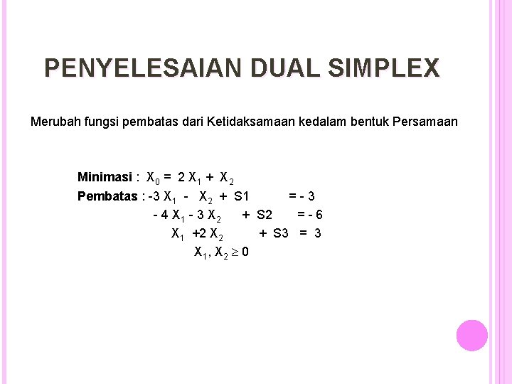 PENYELESAIAN DUAL SIMPLEX Merubah fungsi pembatas dari Ketidaksamaan kedalam bentuk Persamaan Minimasi : X