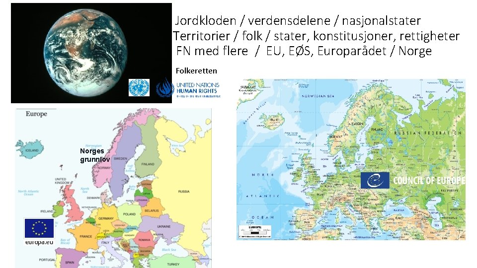 Jordkloden / verdensdelene / nasjonalstater Territorier / folk / stater, konstitusjoner, rettigheter FN med