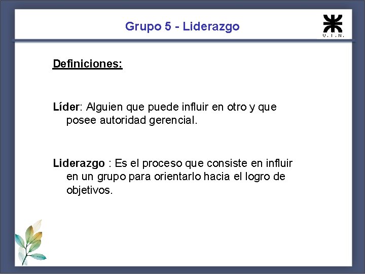 Grupo 5 - Liderazgo Definiciones: Líder: Alguien que puede influir en otro y que