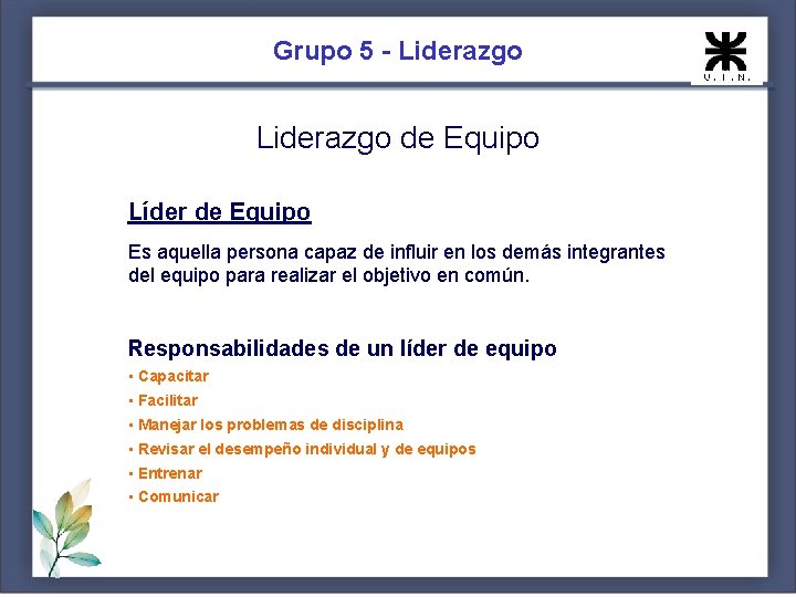 Grupo 5 - Liderazgo de Equipo Líder de Equipo Es aquella persona capaz de