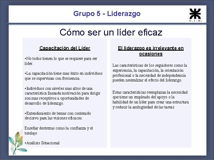 Grupo 5 - Liderazgo Cómo ser un líder eficaz Capacitación del Líder • No