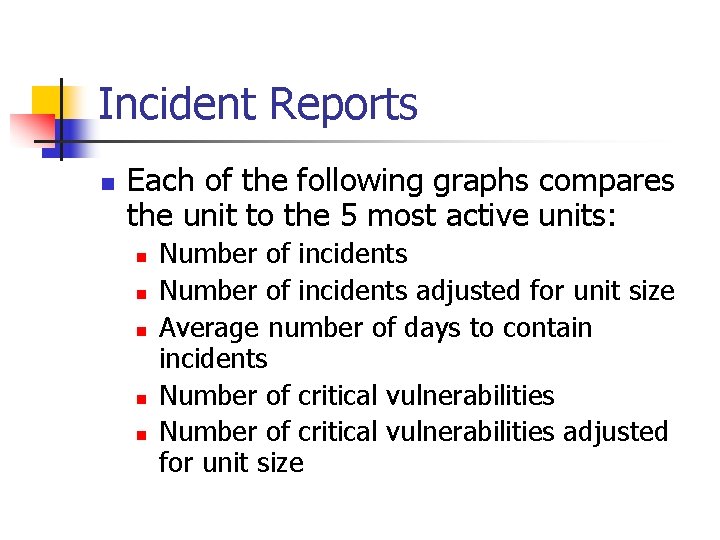 Incident Reports n Each of the following graphs compares the unit to the 5