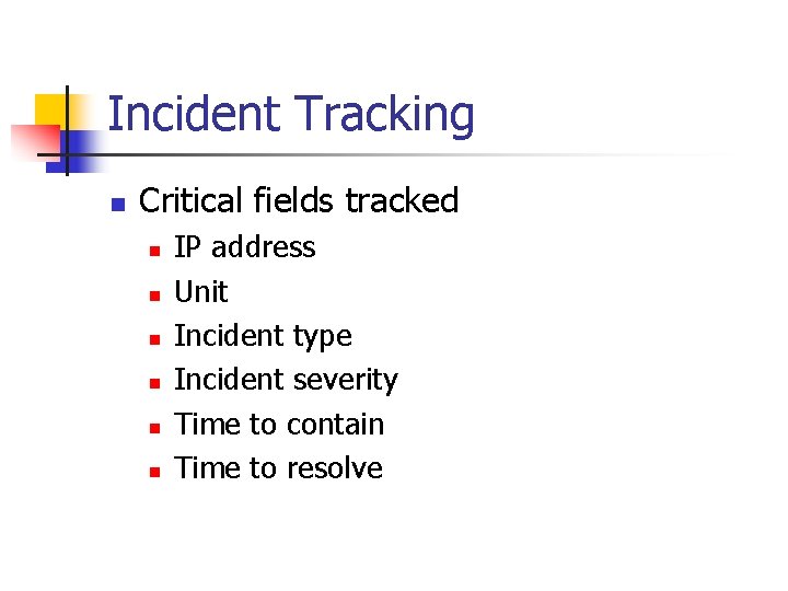 Incident Tracking n Critical fields tracked n n n IP address Unit Incident type