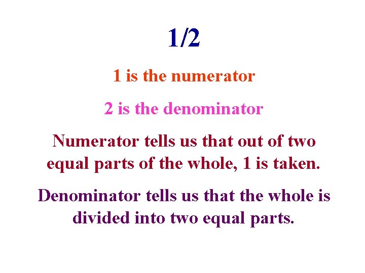 1/2 1 is the numerator 2 is the denominator Numerator tells us that out