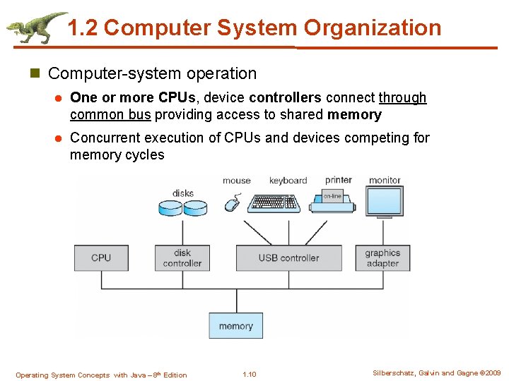 1. 2 Computer System Organization n Computer-system operation l One or more CPUs, device