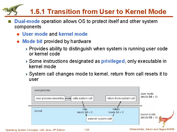 1. 5. 1 Transition from User to Kernel Mode n Dual-mode operation allows OS