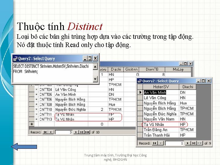 Thuộc tính Distinct Loại bỏ các bản ghi trùng hợp dựa vào các trường