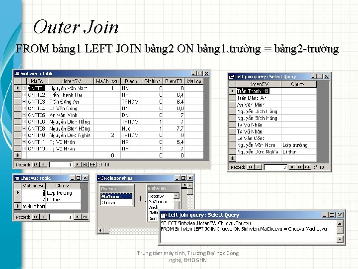 Outer Join FROM bảng 1 LEFT JOIN bảng 2 ON bảng 1. trường =