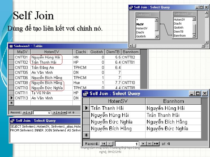 Self Join Dùng để tạo liên kết vơí chính nó. Trung tâm máy tính,