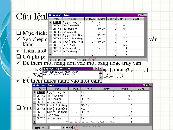 Câu lệnh Insert Into q Mục đích: ü Sao chép các hàng từ một