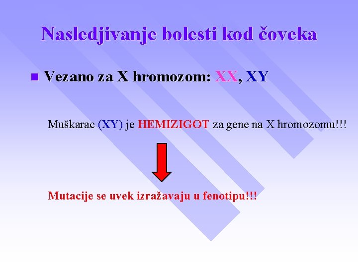 Nasledjivanje bolesti kod čoveka n Vezano za X hromozom: XX, XY Muškarac (XY) je