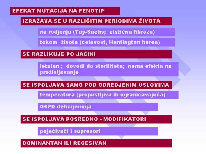 EFEKAT MUTACIJA NA FENOTIP IZRAŽAVA SE U RAZLIČITIM PERIODIMA ŽIVOTA na rodjenju (Tay-Sachs; cistična